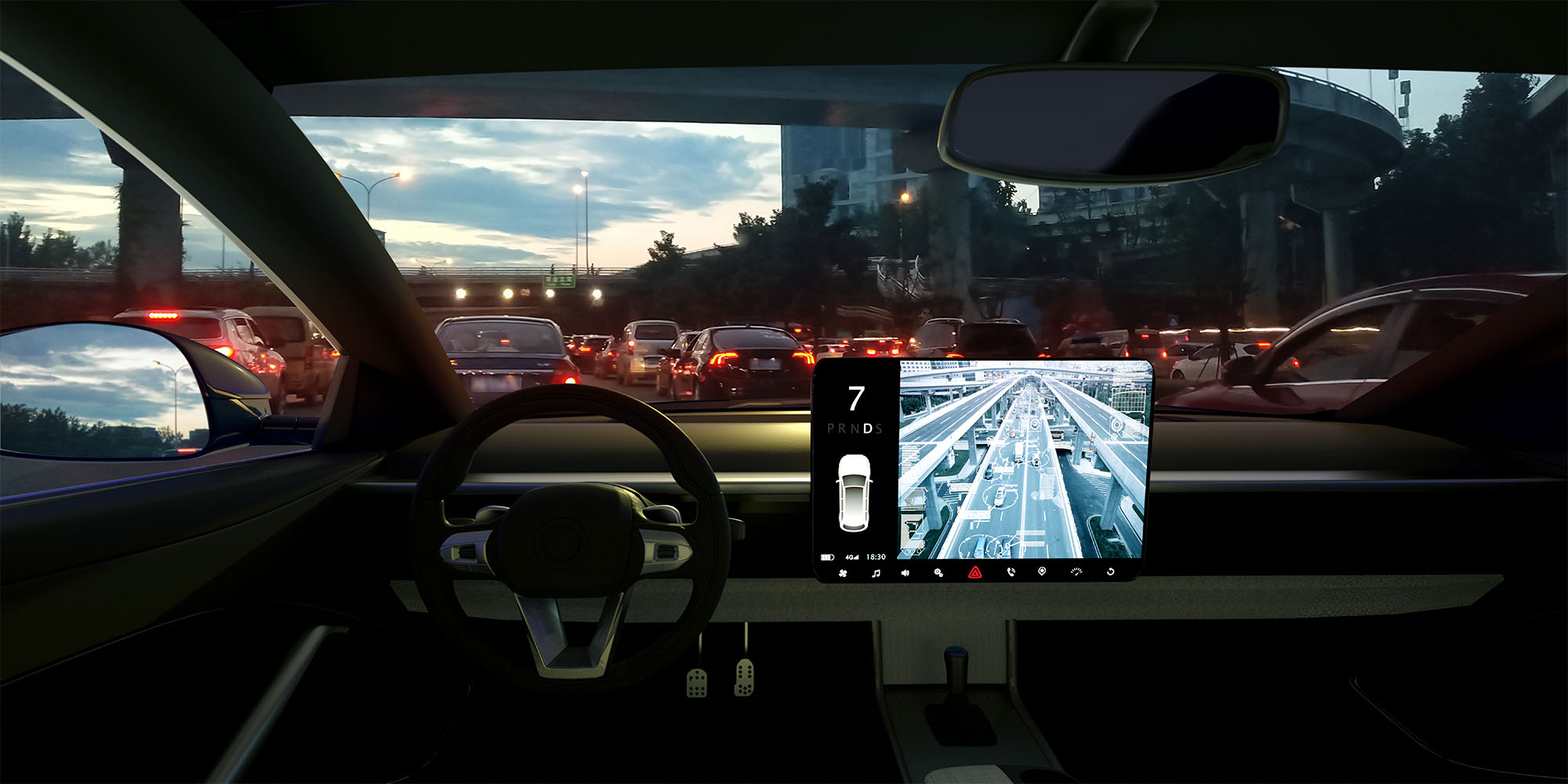 View from inside self driving car, overlooking traffic and onboard screen