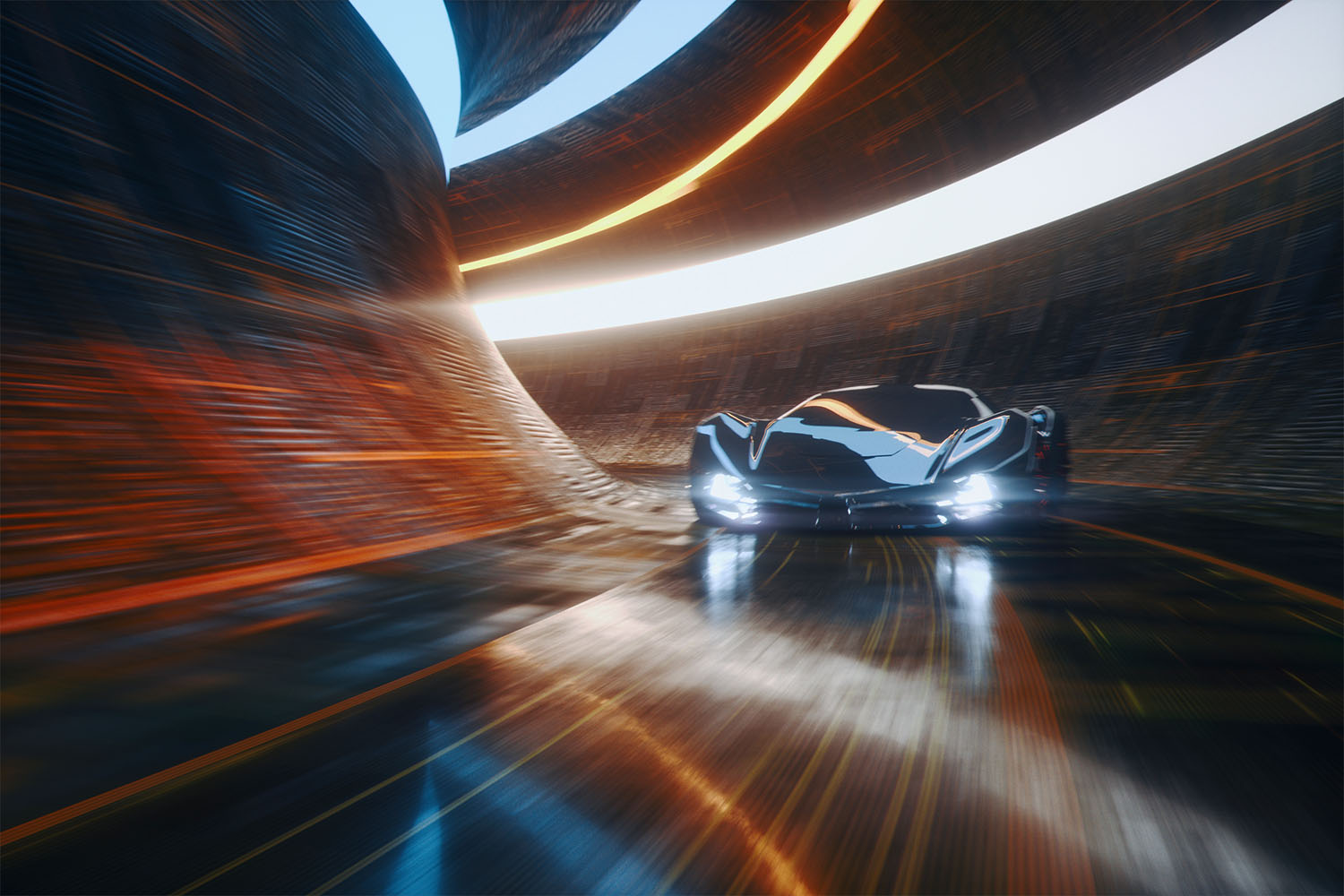Futuristic looking fast car, blurry background suggests movement