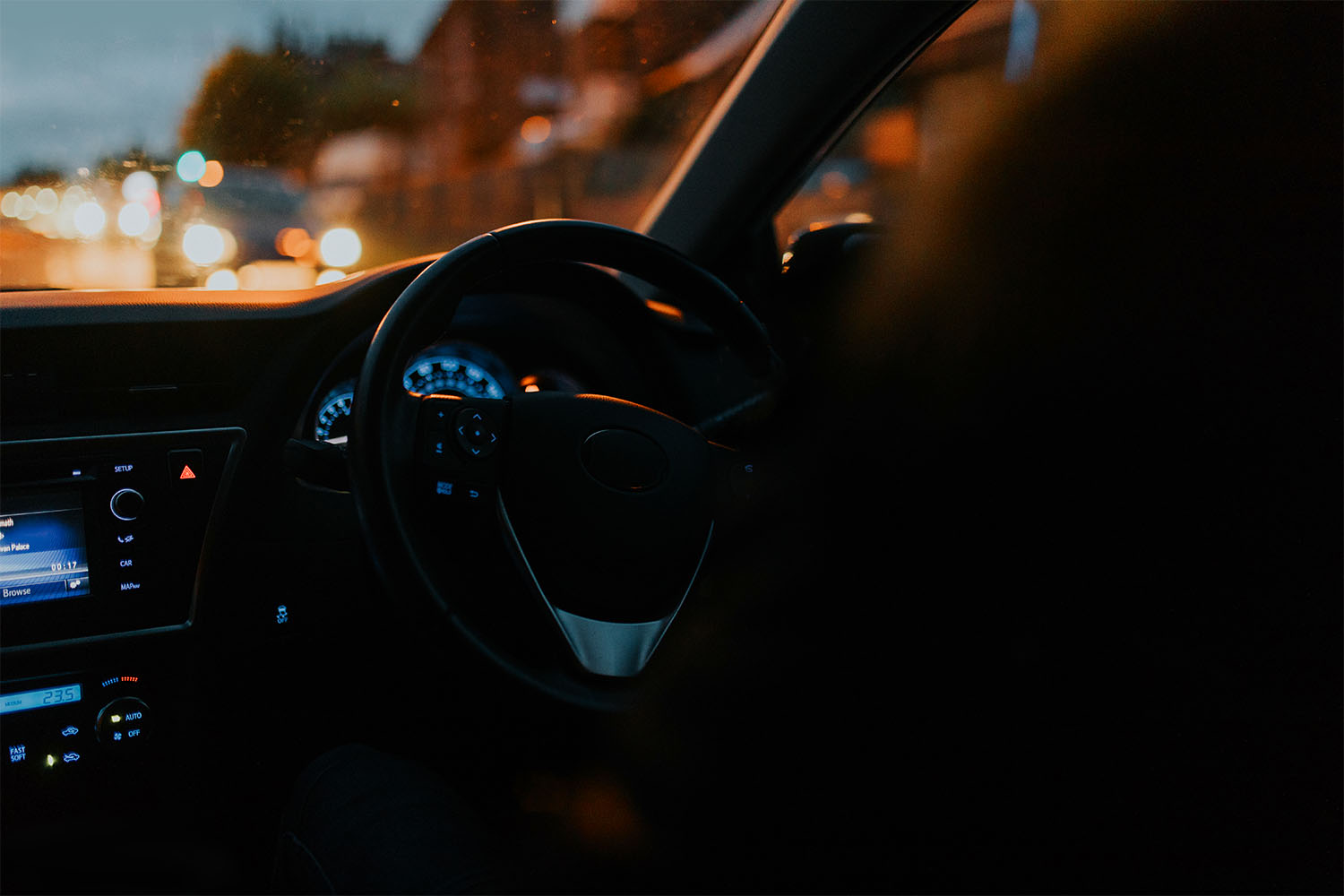 View of car dashboard from inside car