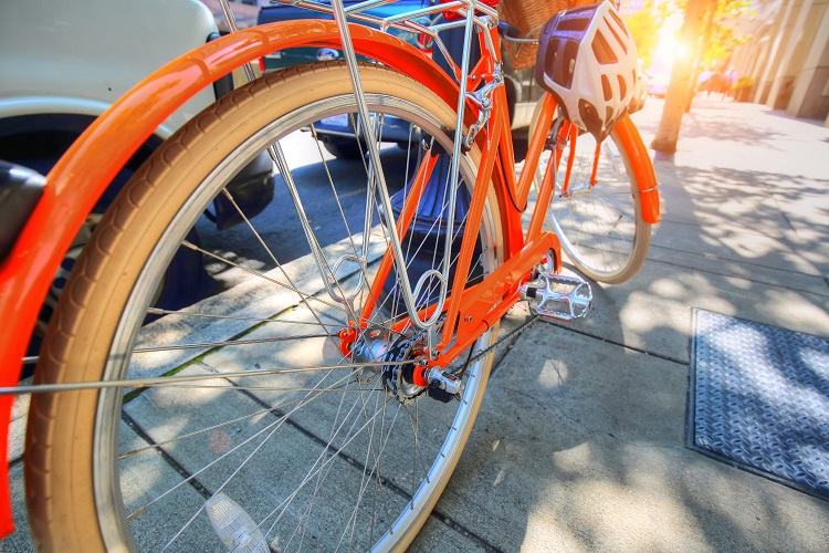 Close up of a bicycle frame and back wheel