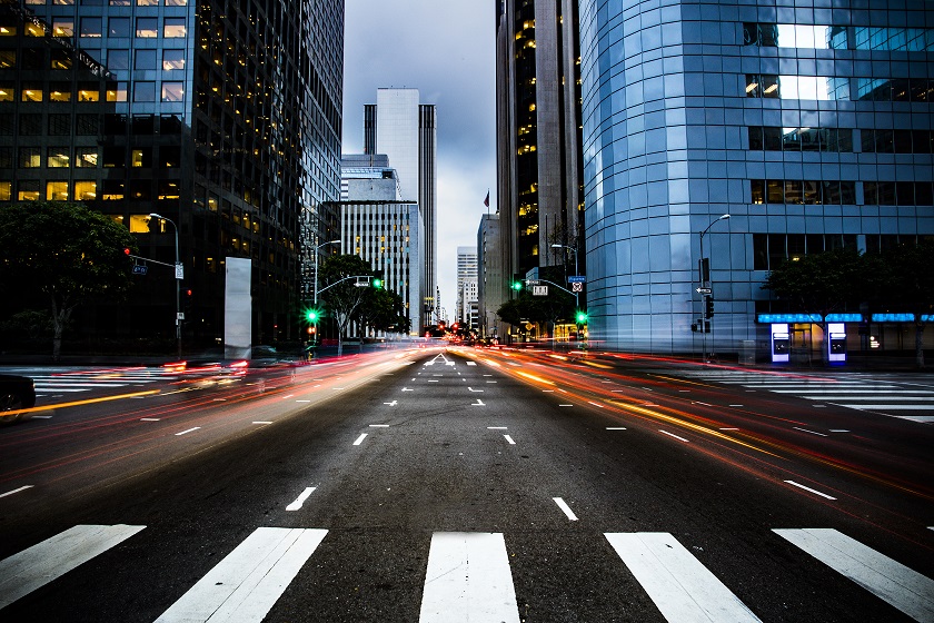 City street lit up at night