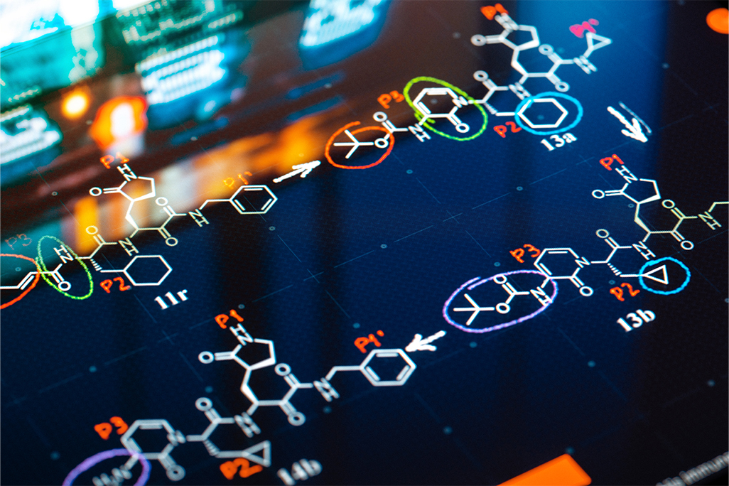 Molecular formulas on blue background