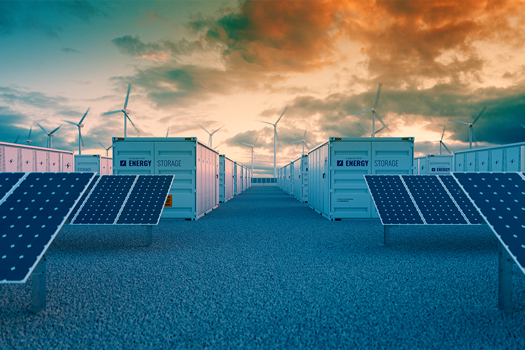 Energy storage fields, with solar panels and wind turbines