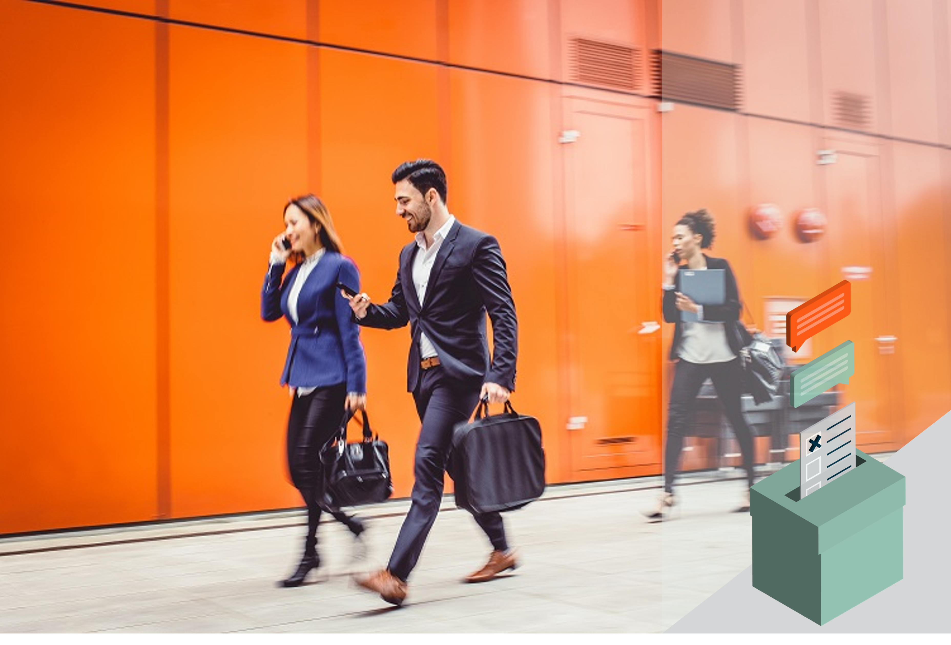 people walking in orange corridor with election icon