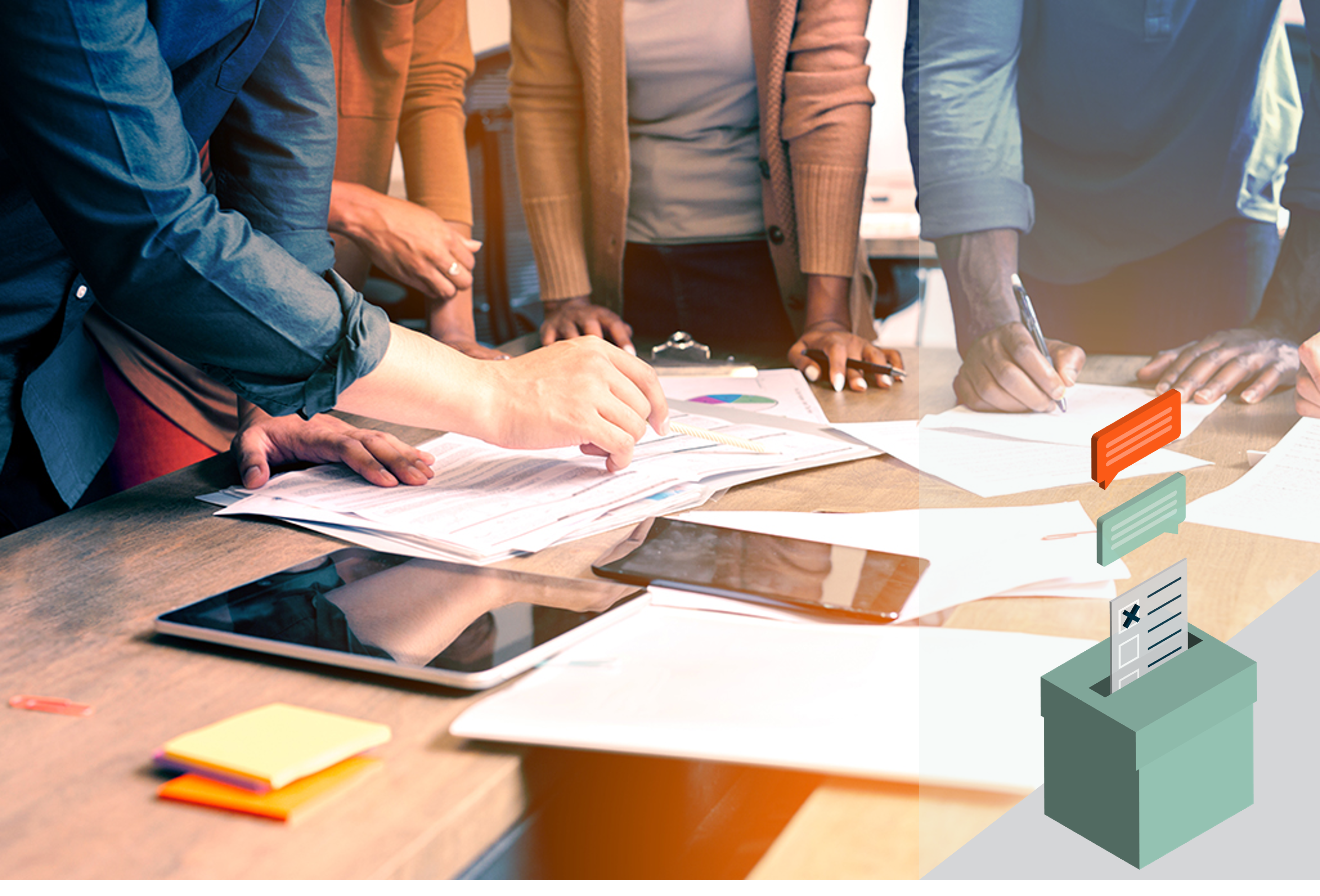 people planning around an office desk on paper and devices with ballot box icon