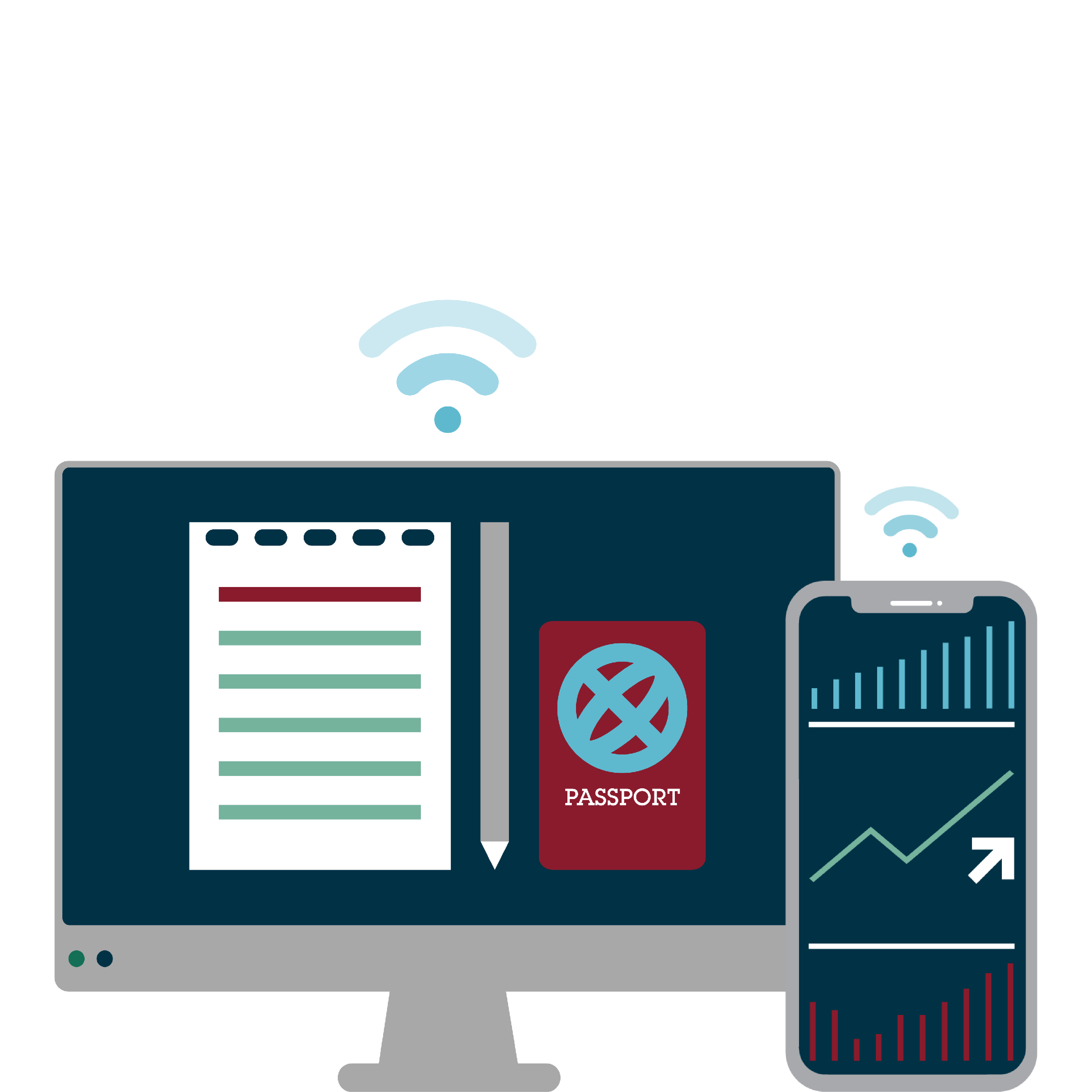 computer phone passport and graph icons