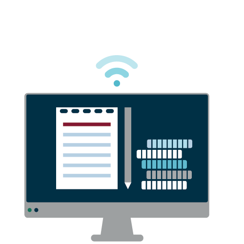 Osborne Clarke branded graphic - desktop computer monitor with picture of notepad and pencil on screen