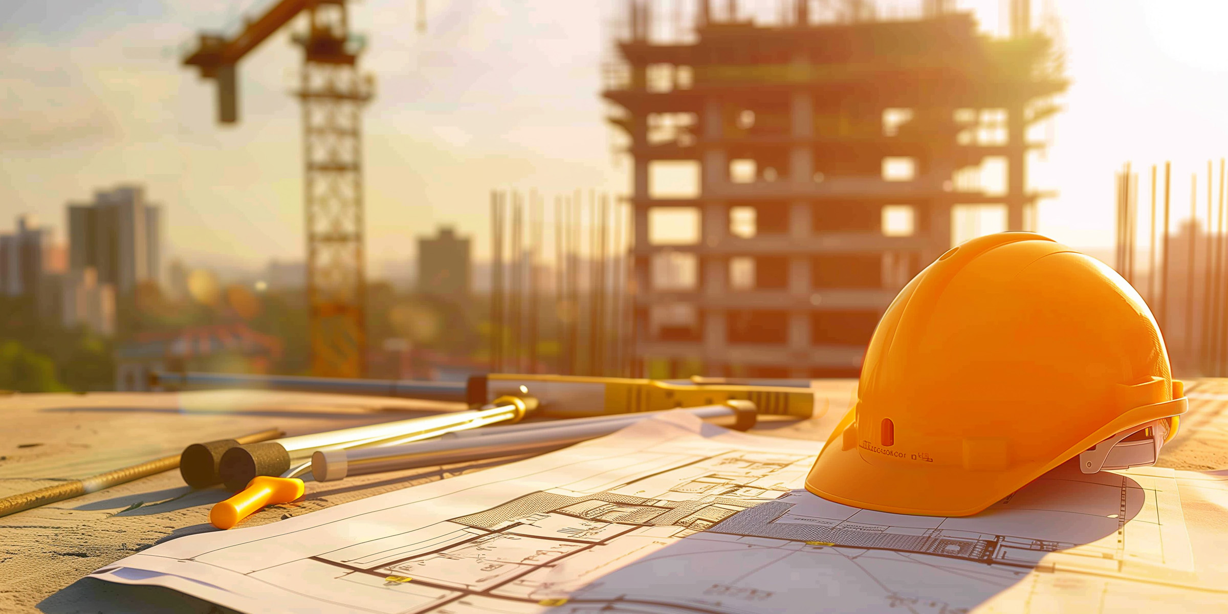 Hard hat and architectural plans at construction site
