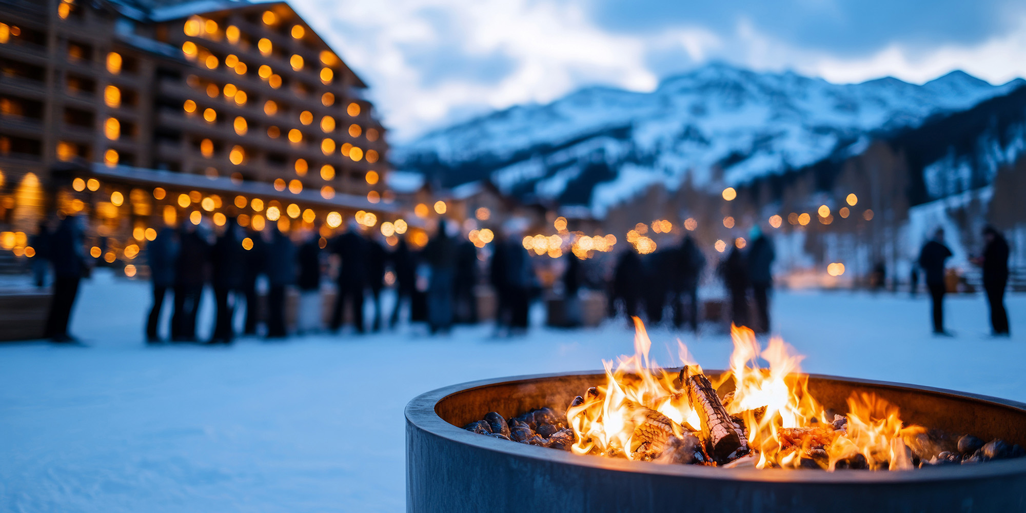 Winter ski resort with apres ski fire