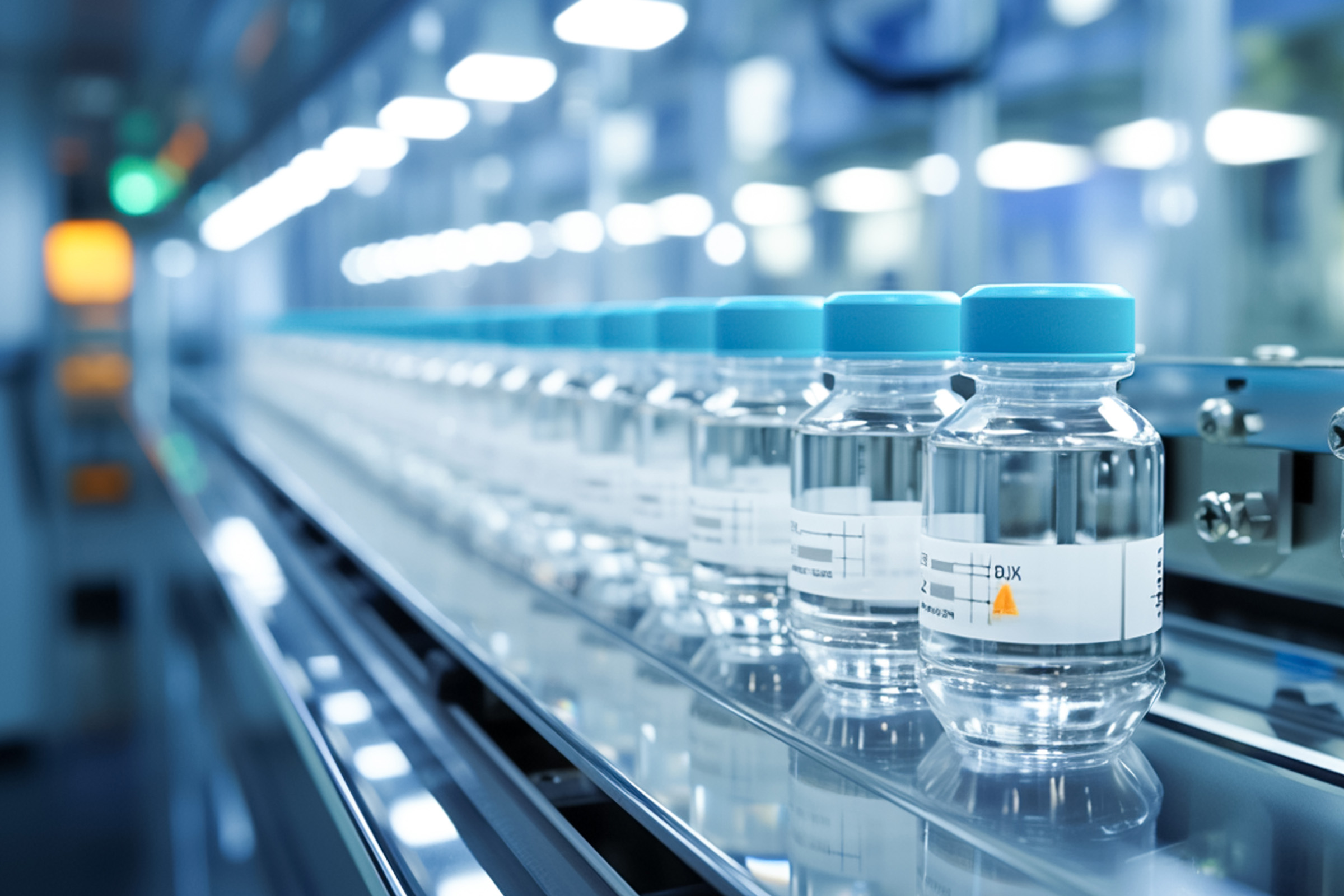 A production line of liquid bottles of pharmaceutical product