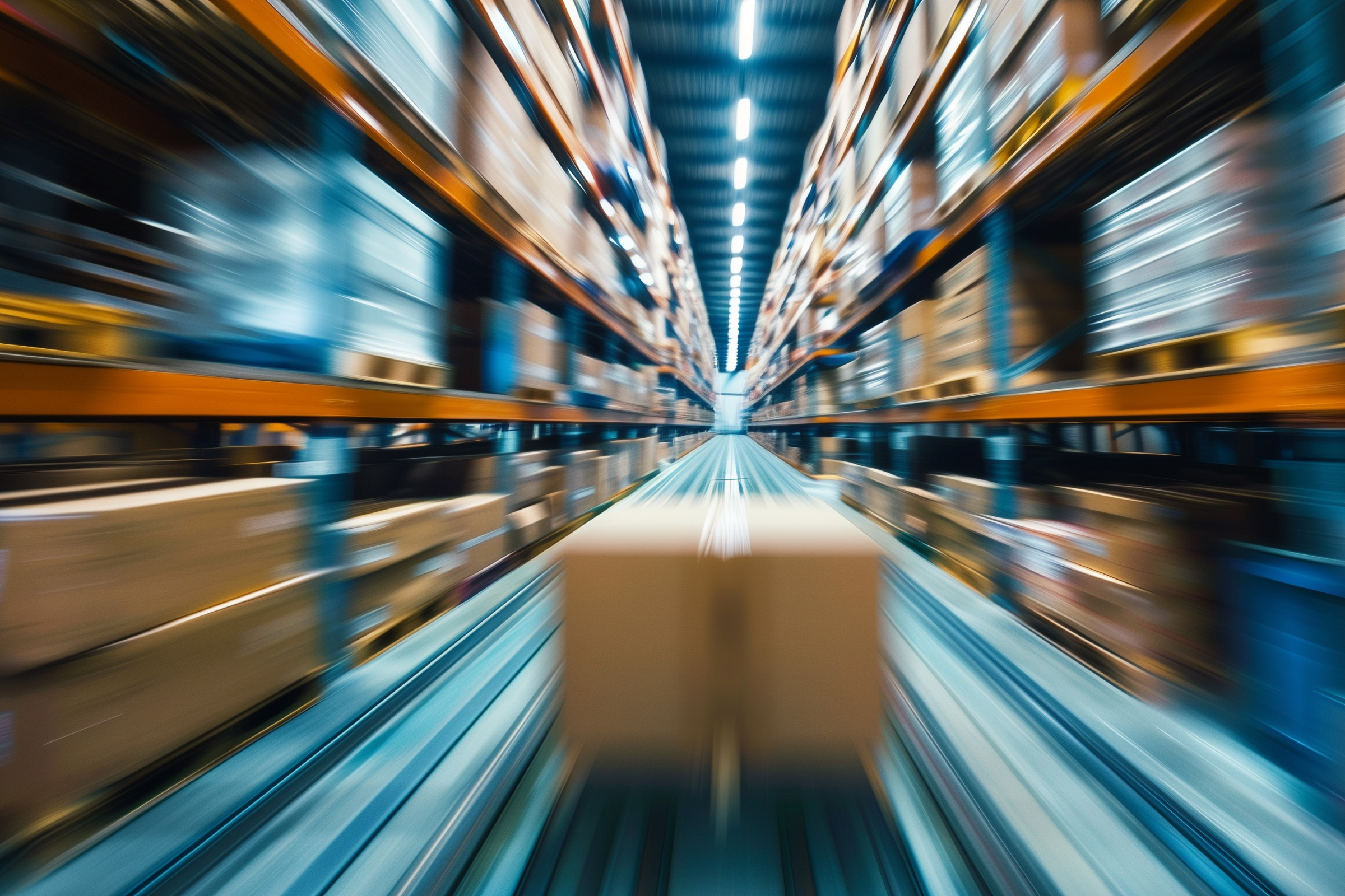 A parcel travelling down a warehouse conveyor belt
