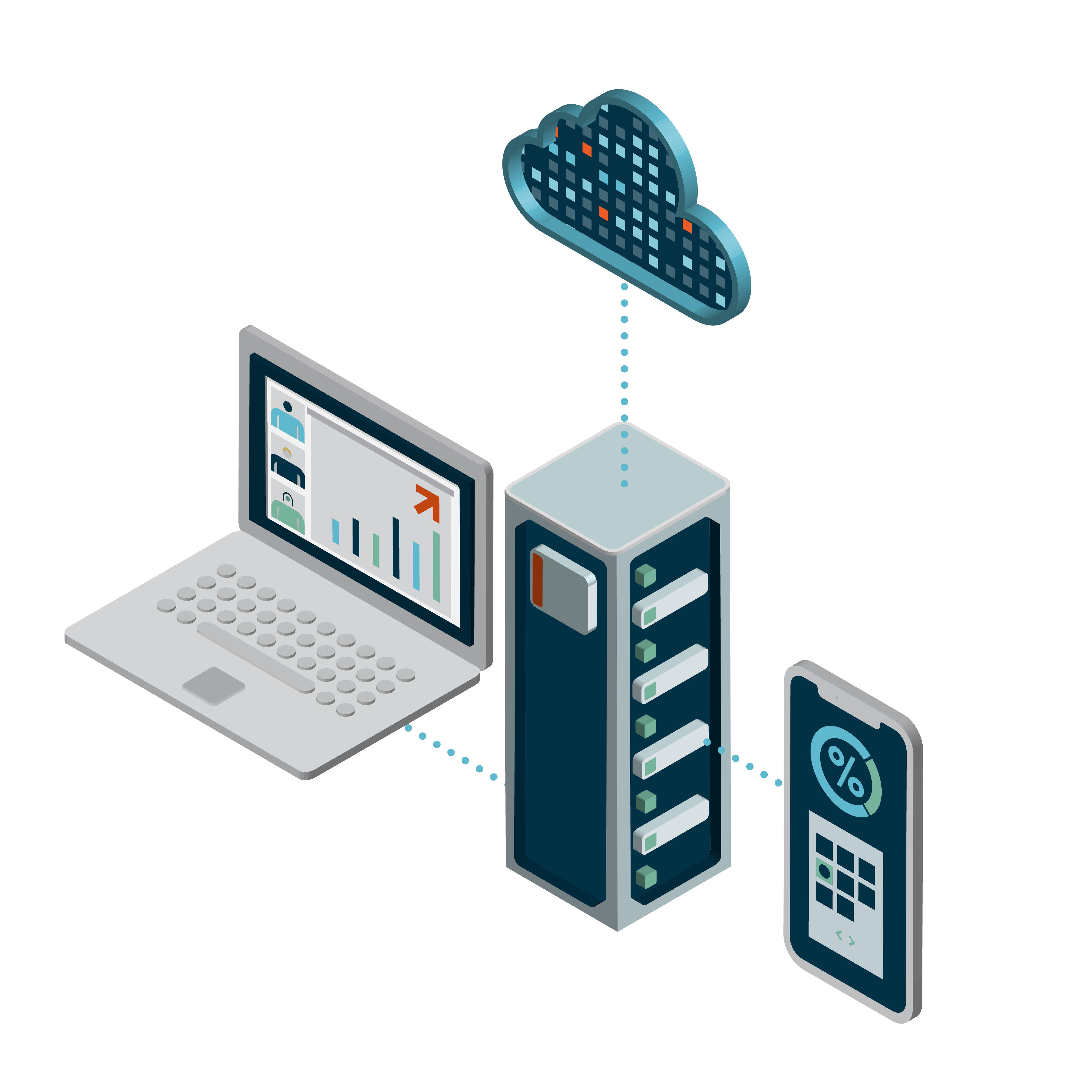 3D icons of laptop, data centre, cloud and phone