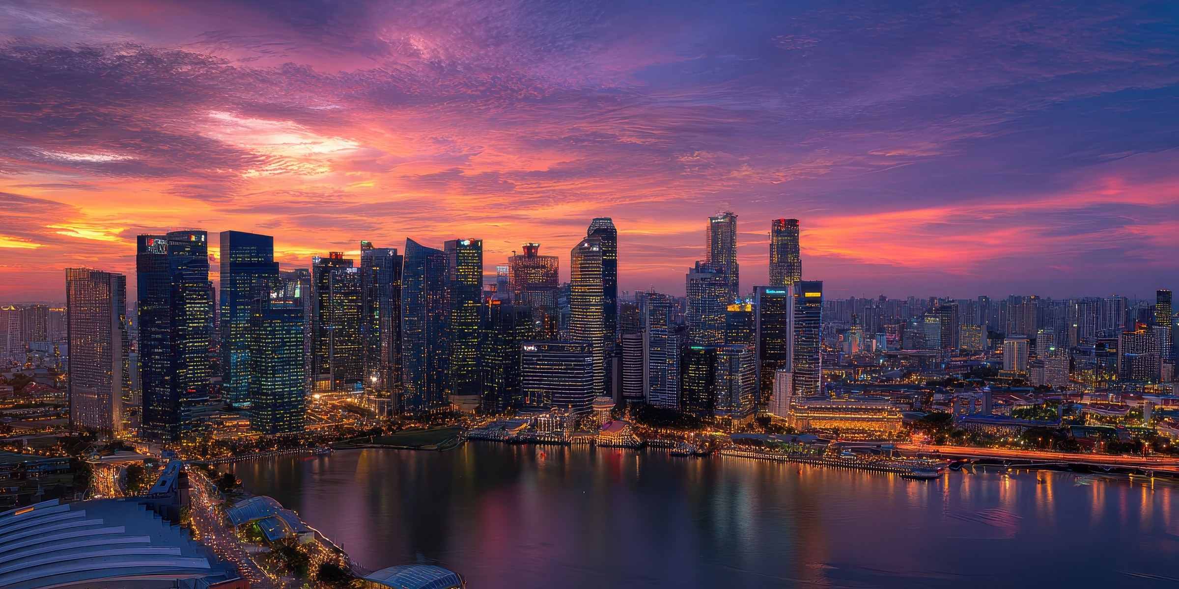 Corporate business skyline with sunset behind