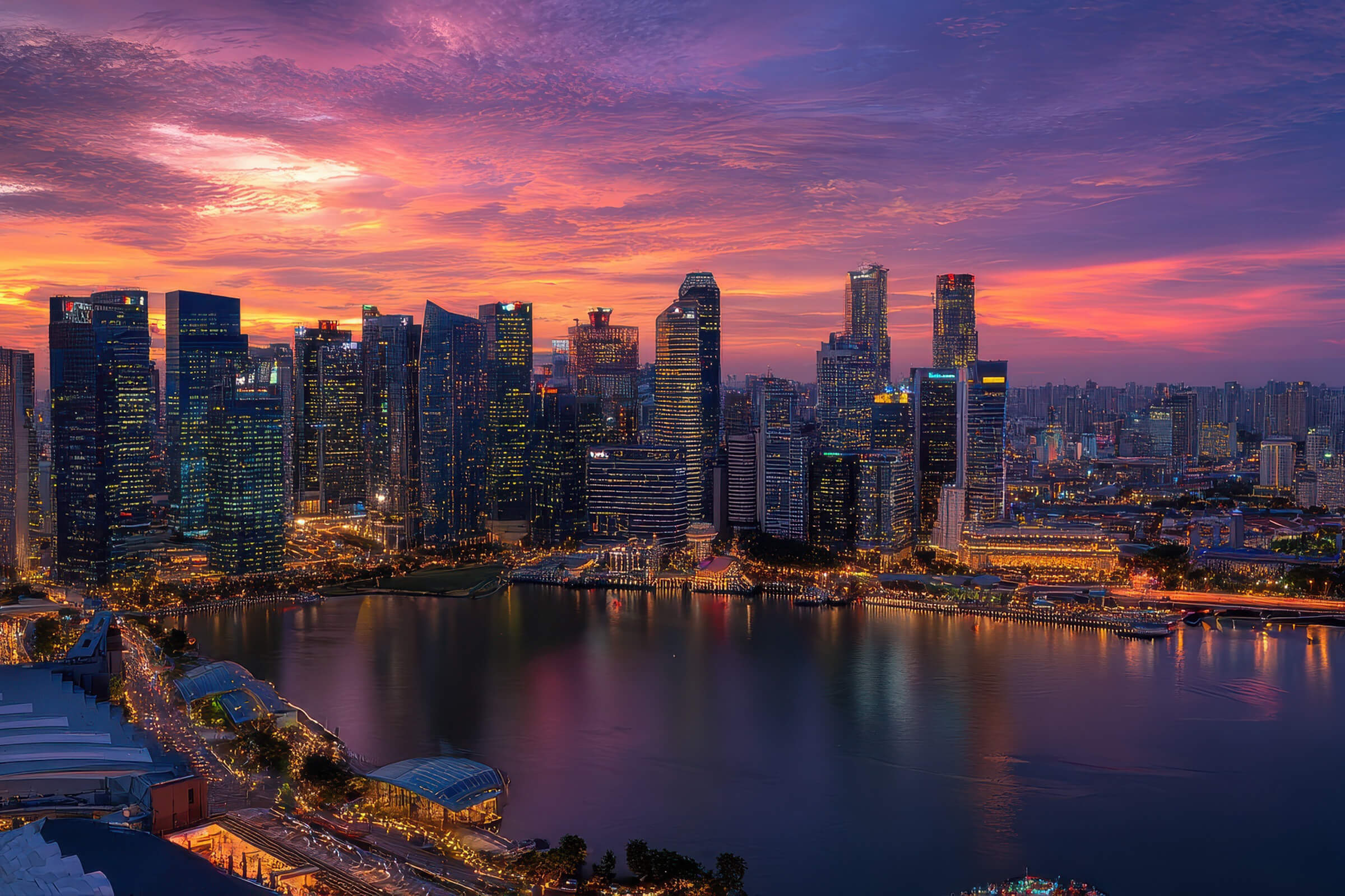 Corporate business skyline with sunset behind