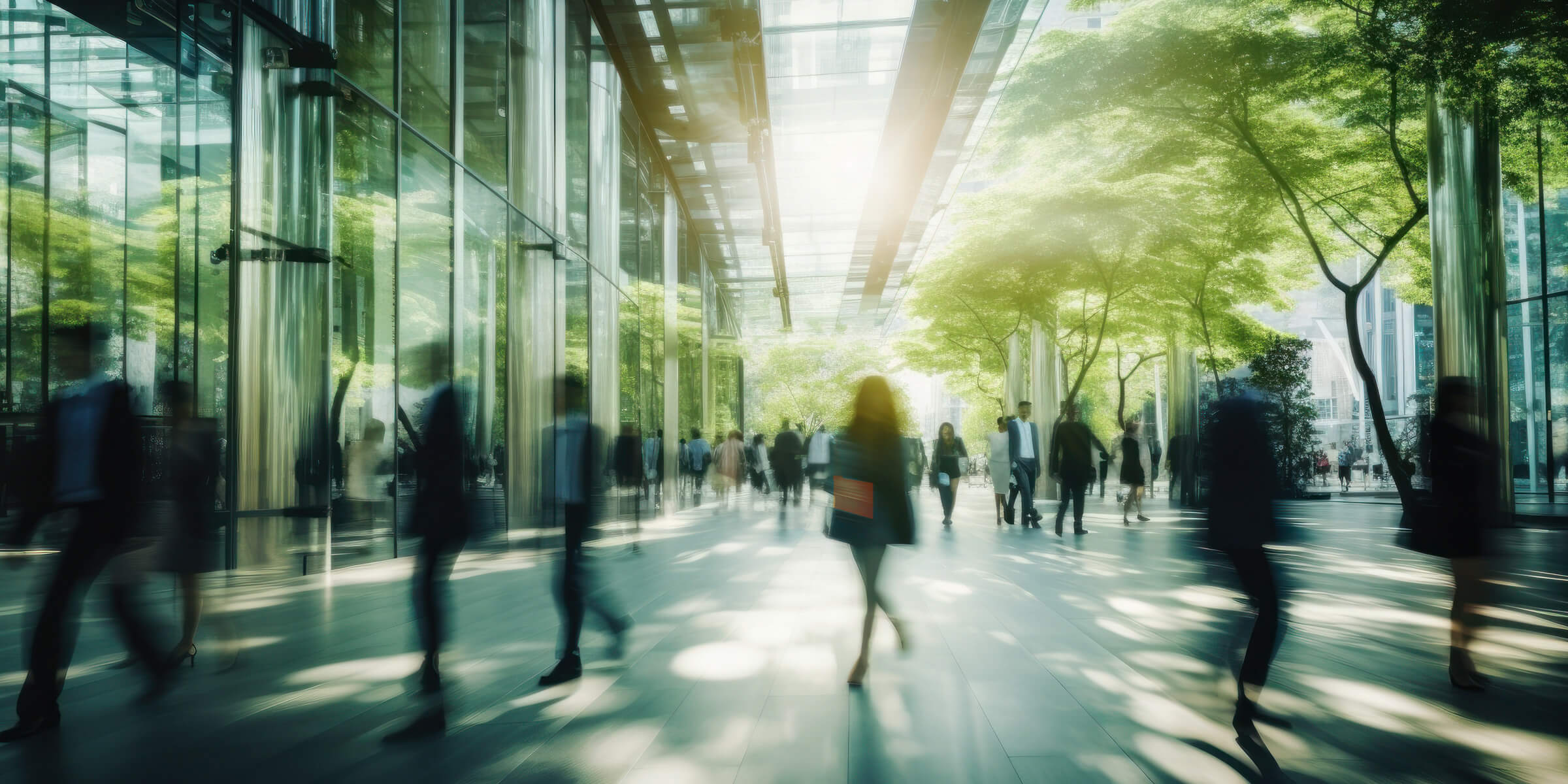 People walking in a tree lined corporate business district
