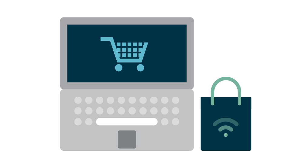 shopping trolley icon on laptop, with wifi icon on shopping bag